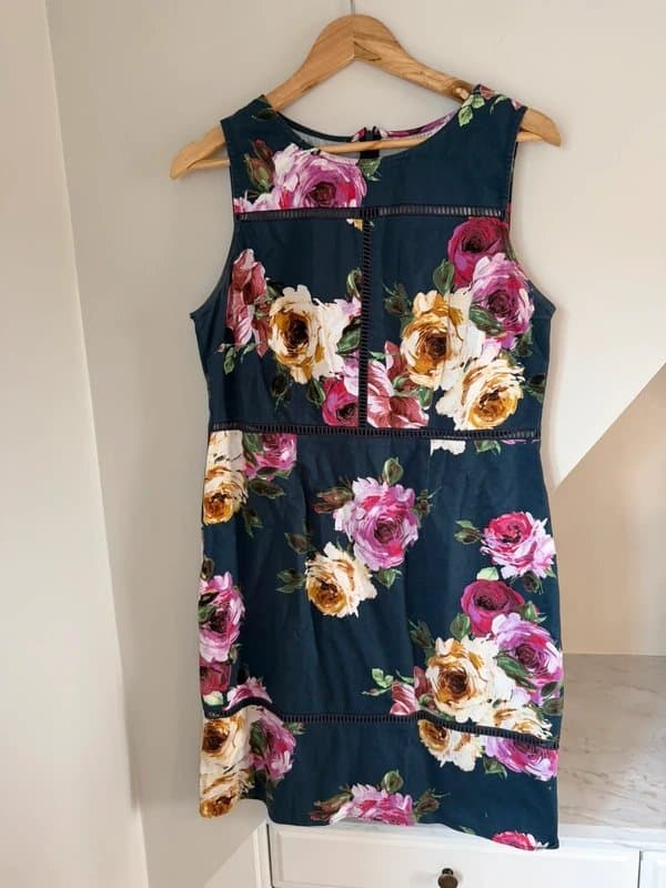 Paraphrase Paraphrase Navy Yellow Pink Floral Print Sleeveless Dress with Black Contrast Trim UK Size 14