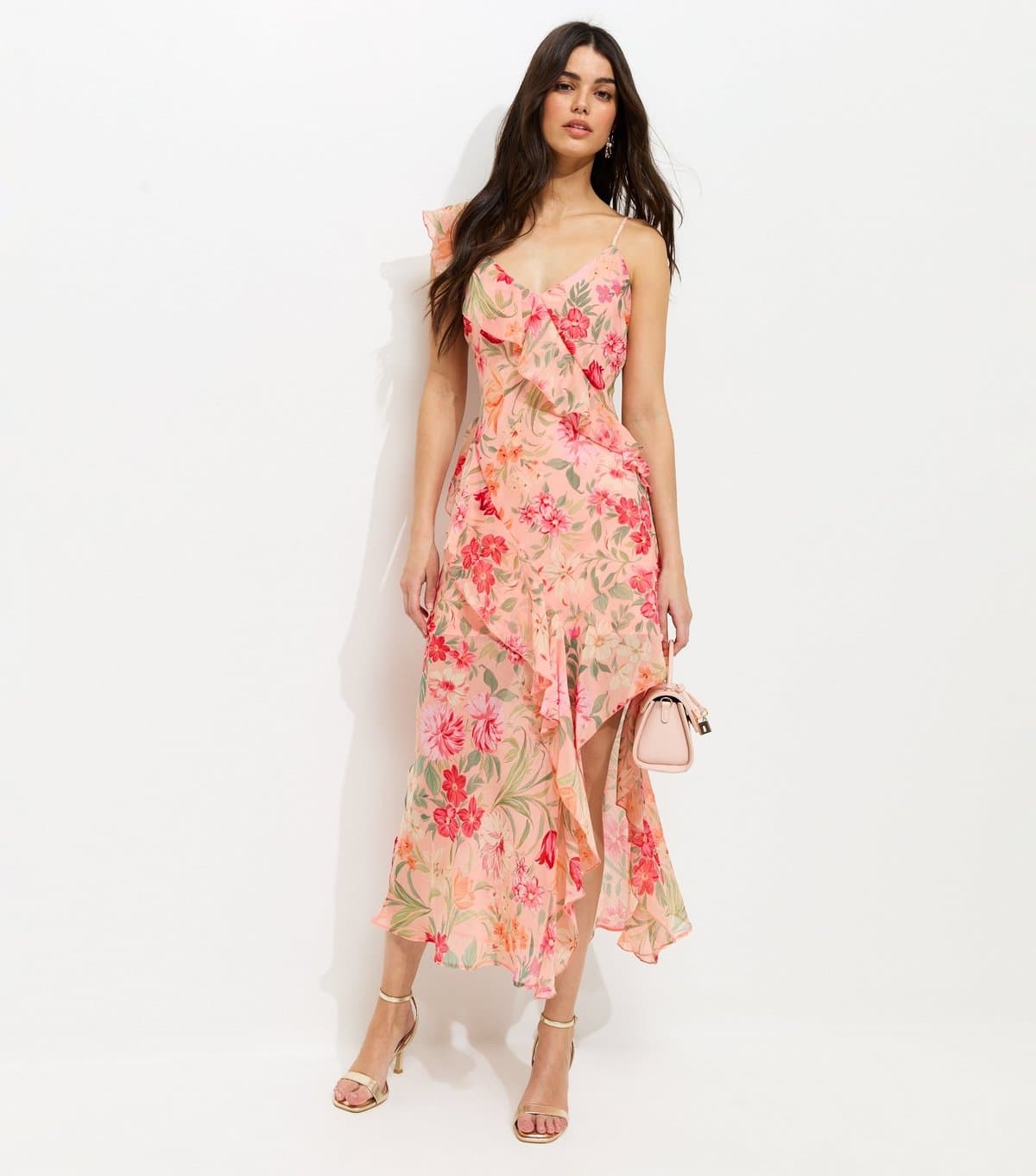 New Look Women's Pink Floral Chiffon Ruffled Midi Dress New Look