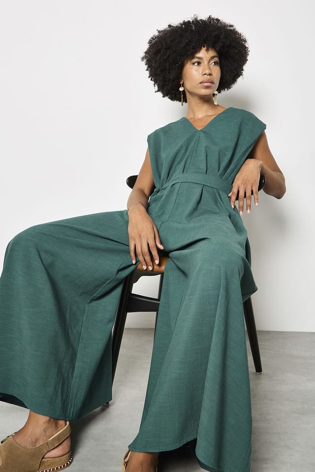 Apricot Apricot Women's Cotton Blend Wide-Leg Jumpsuit in Green - 2