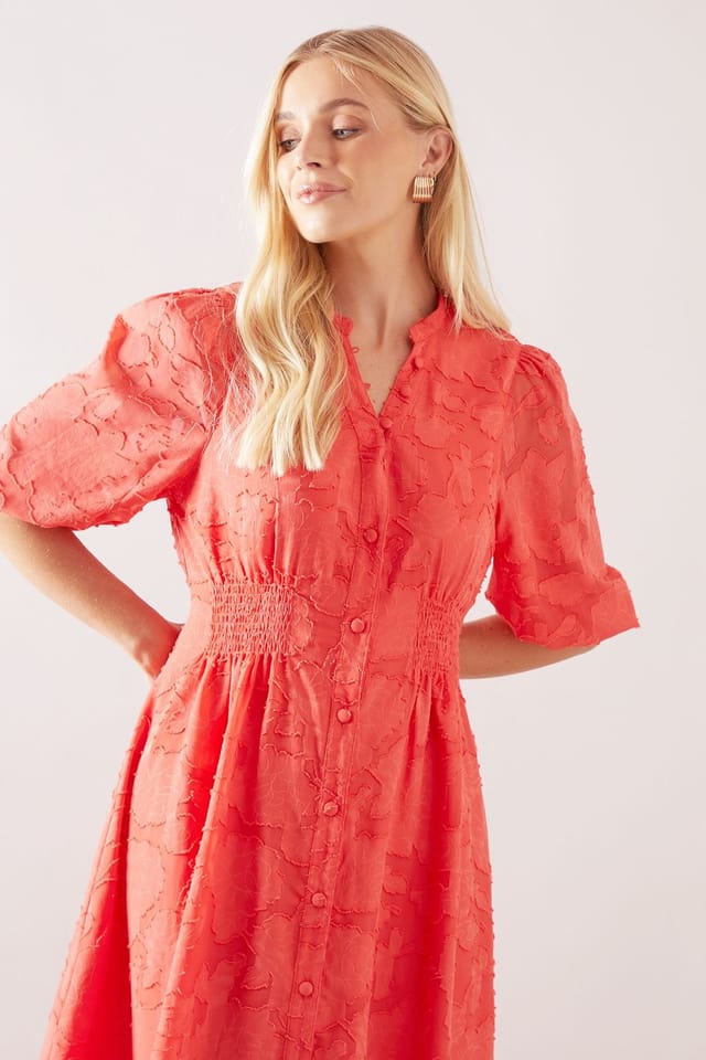 Wallis Wallis Women's Petite Floral Jacquard Button Midi Dress in Coral - 2