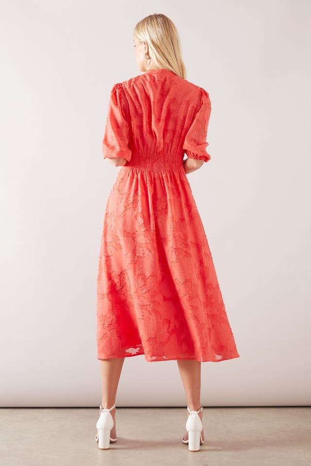 Wallis Wallis Women's Petite Floral Jacquard Button Midi Dress in Coral - 3