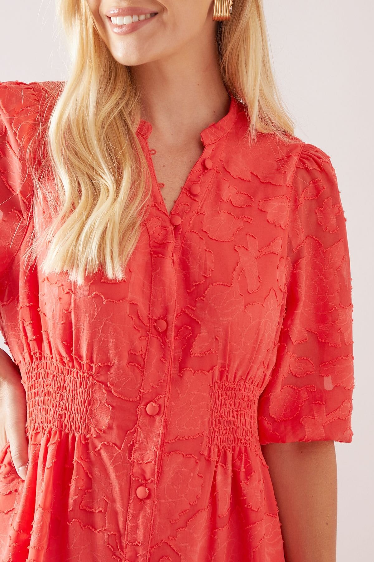 Wallis Wallis Women's Petite Floral Jacquard Button Midi Dress in Coral - 4