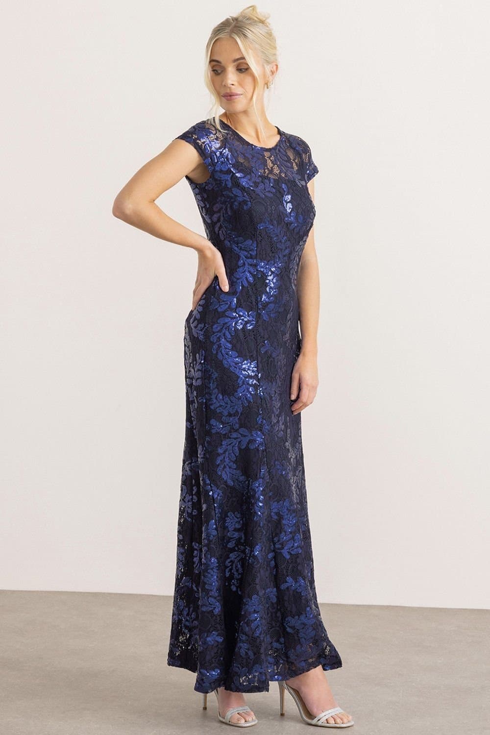 Klass. Klass. Women's Sequinned Lace Maxi Dress in Dark Blue