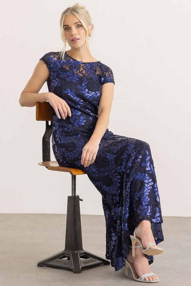 Klass. Klass. Women's Sequinned Lace Maxi Dress in Dark Blue - 2
