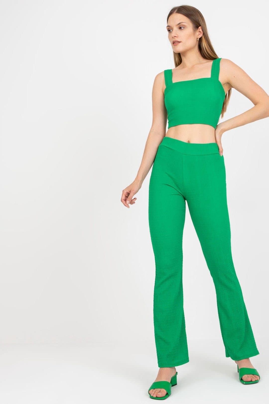 Love Lace Love Lace Women's Padded Cup Rectangular Neck Top Wide Leg Pants Set in Green
