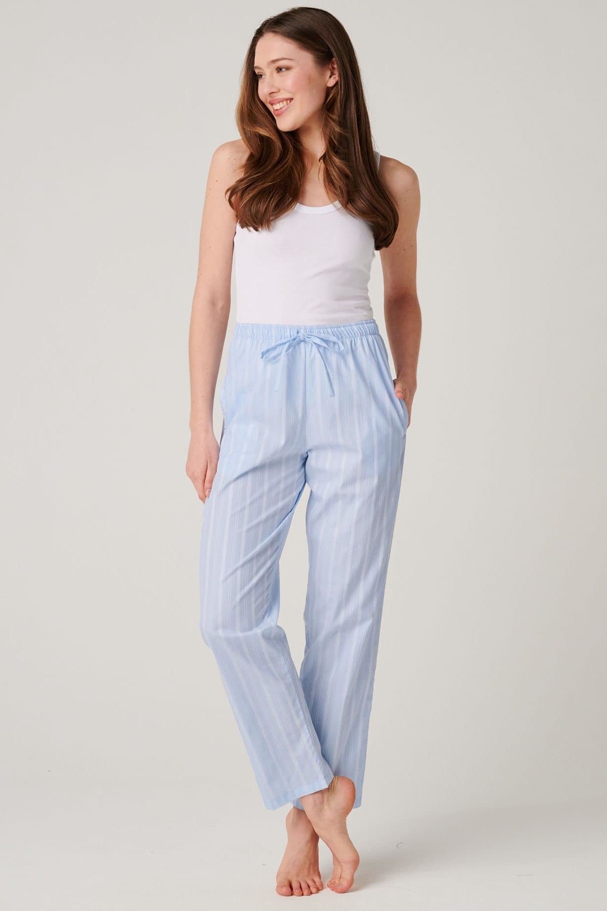 British Boxers British Boxers Women's "Breezy Blue Satin Stripe" Crisp Cotton Pyjama Trousers in Baby Blue