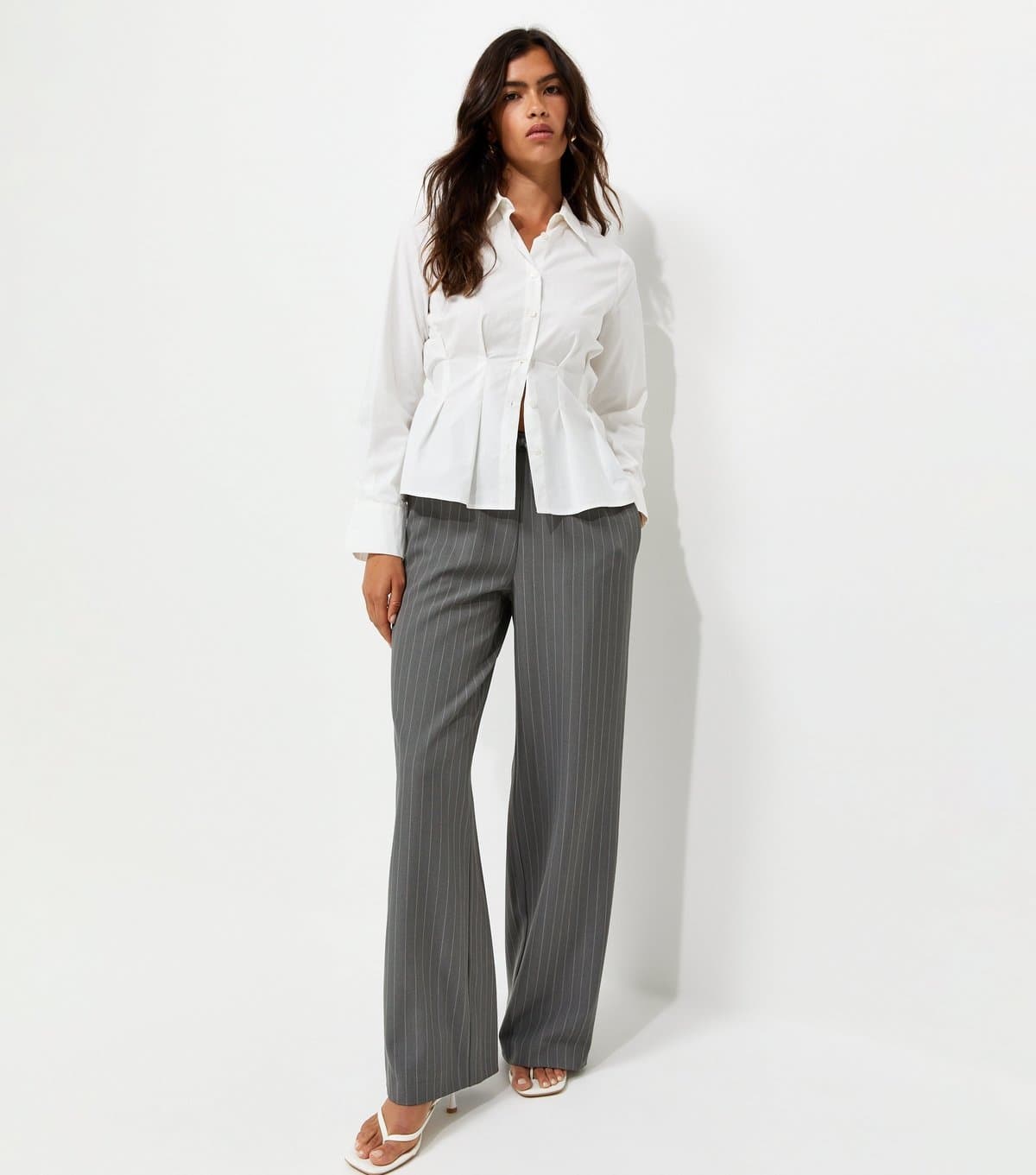 New Look Women's Grey Pinstripe Tailored Wide Leg Trousers New Look