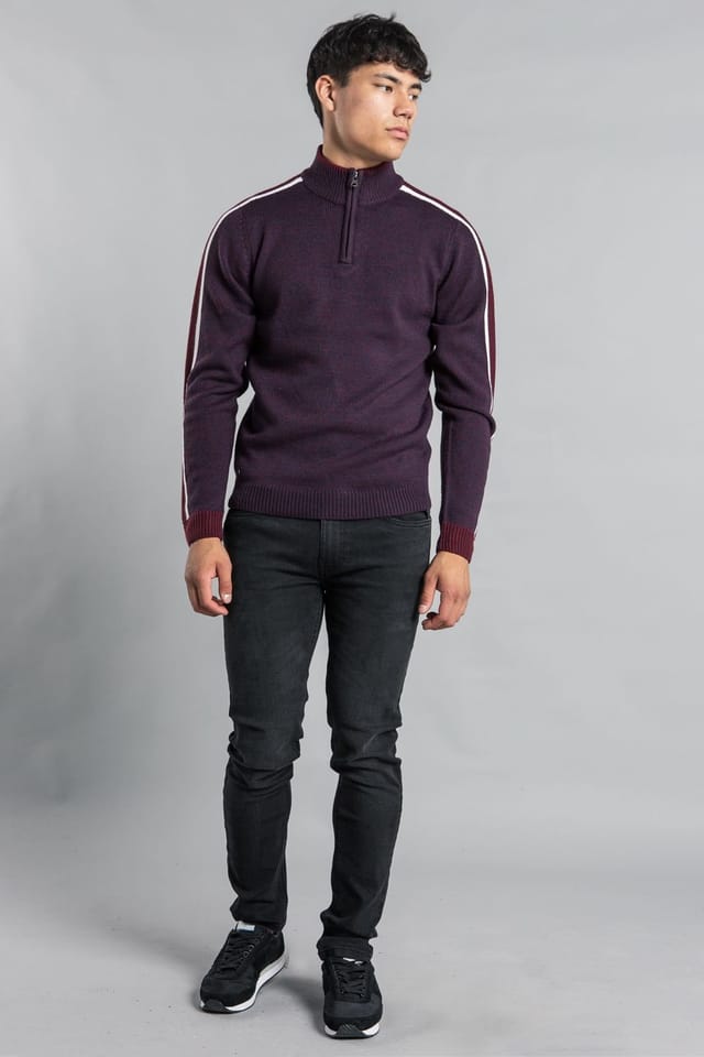 Tokyo Laundry Tokyo Laundry Men's Funnel Neck 1/4 Zip Jumper with Contrast Sleeve in Burgundy - 3