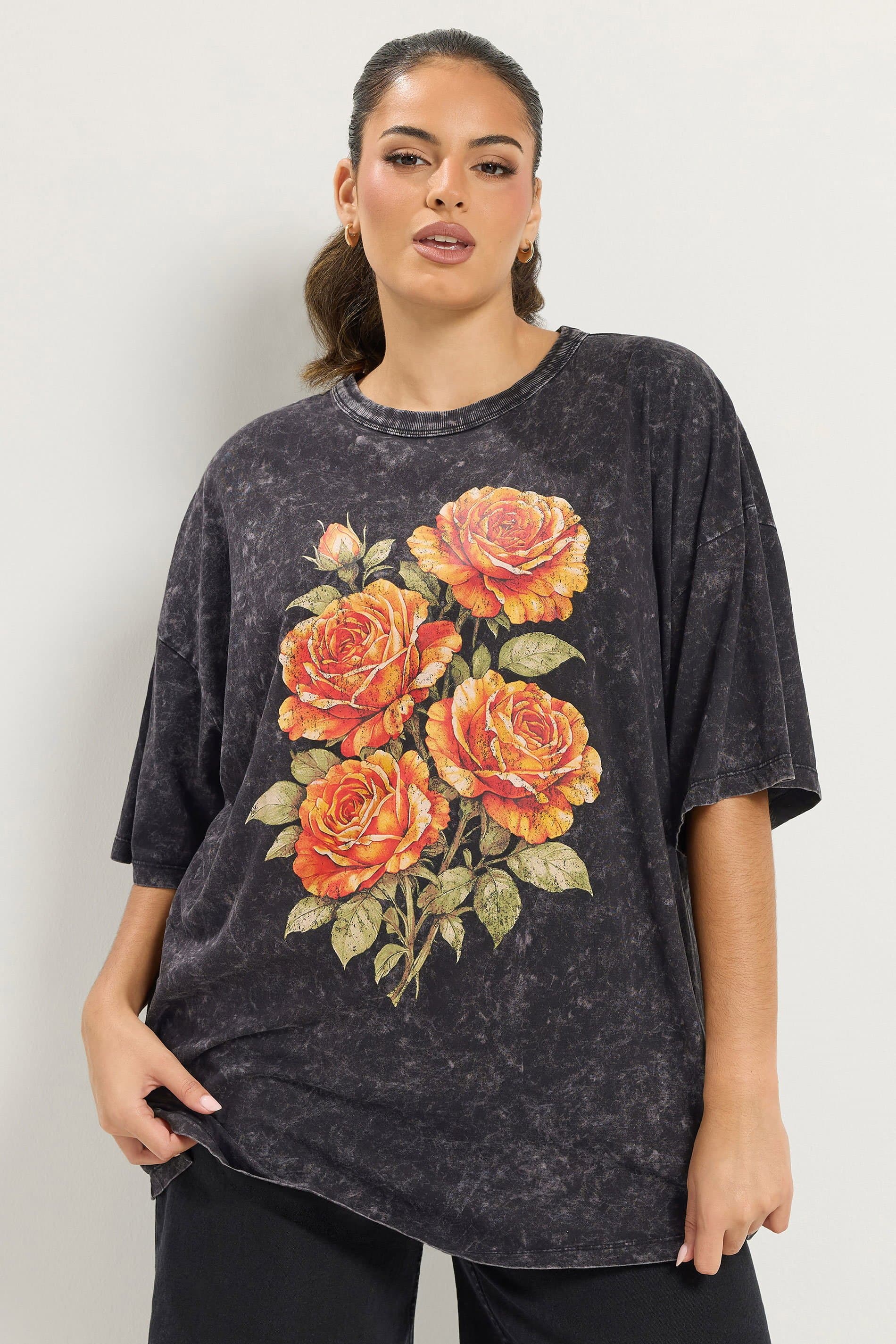 Yours Plus Size Grey Acid Wash Rose Boxy Tshirt