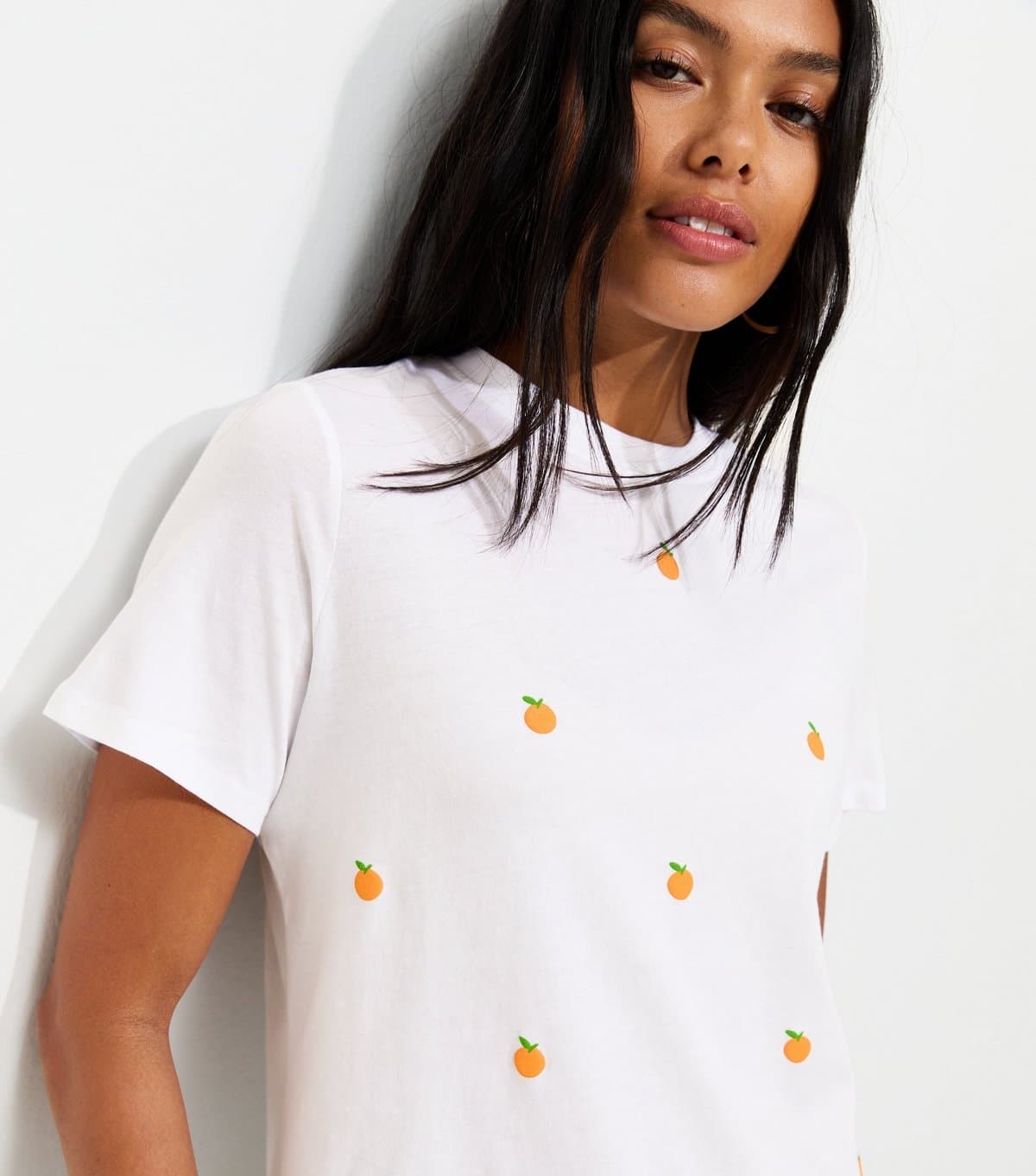 New Look Women's White Cotton Orange Print Relaxed Fit T-Shirt New Look