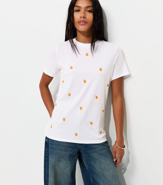 New Look Women's White Cotton Orange Print Relaxed Fit T-Shirt New Look - 3
