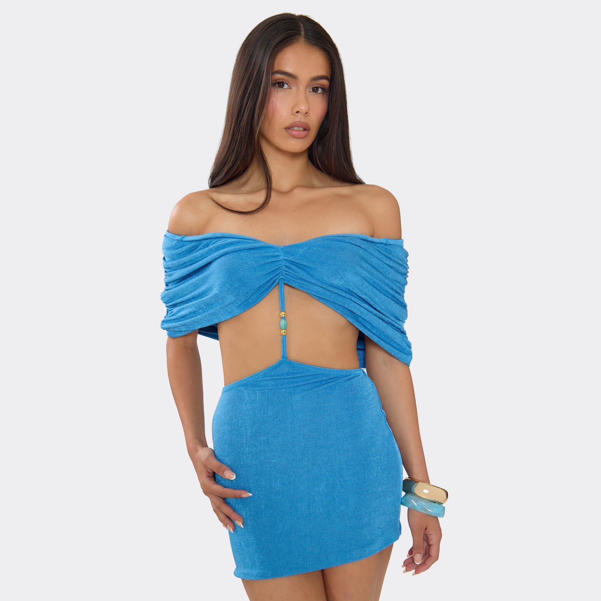 EGO Bardot Bead Strap Detail Ruched Mini Dress In Turquoise, Women's Size UK 6