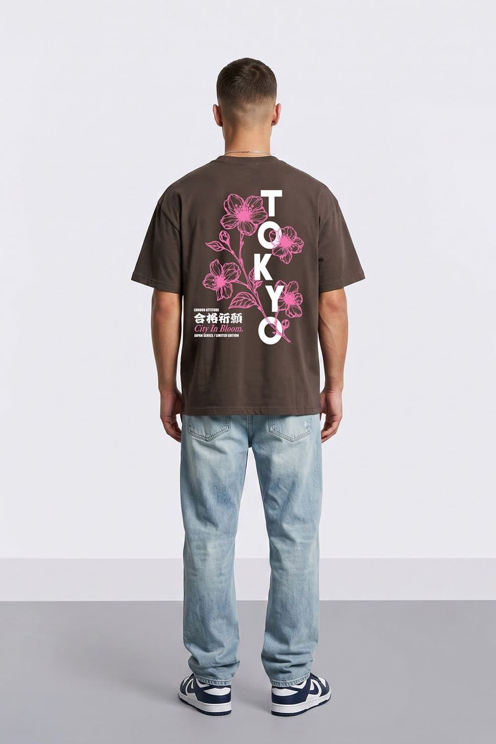 LONDON ATTITUDE LONDON ATTITUDE Men's Tokyo City in Bloom Oversized Heavyweight Graphic T-Shirt in Chocolate