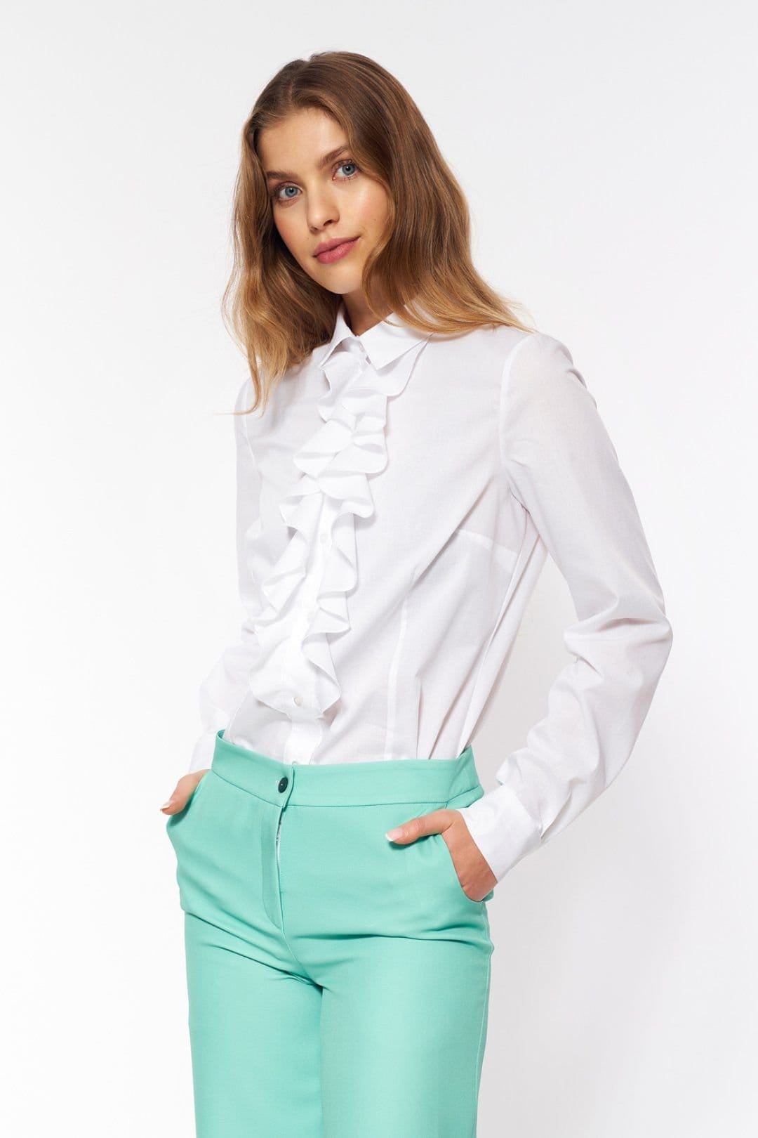 Love Lace White Cotton Long Sleeve Shirt With Ruffled Collar