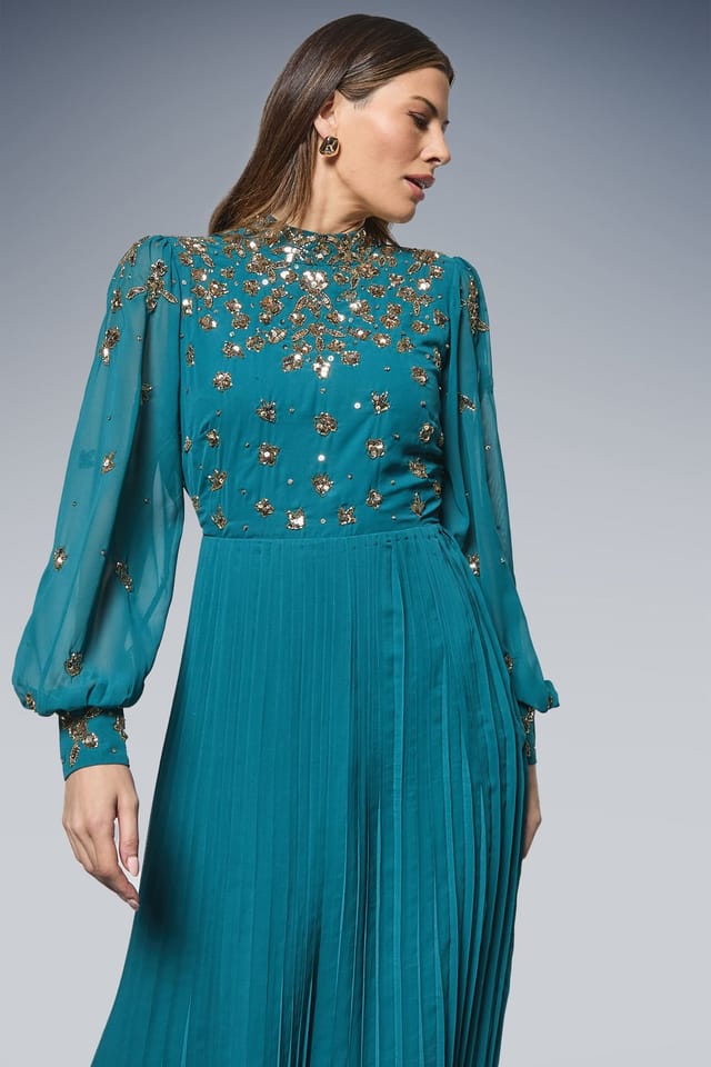 Wallis Wallis Women's Occasion Embellished Pleated Midi Dress in Teal - 2