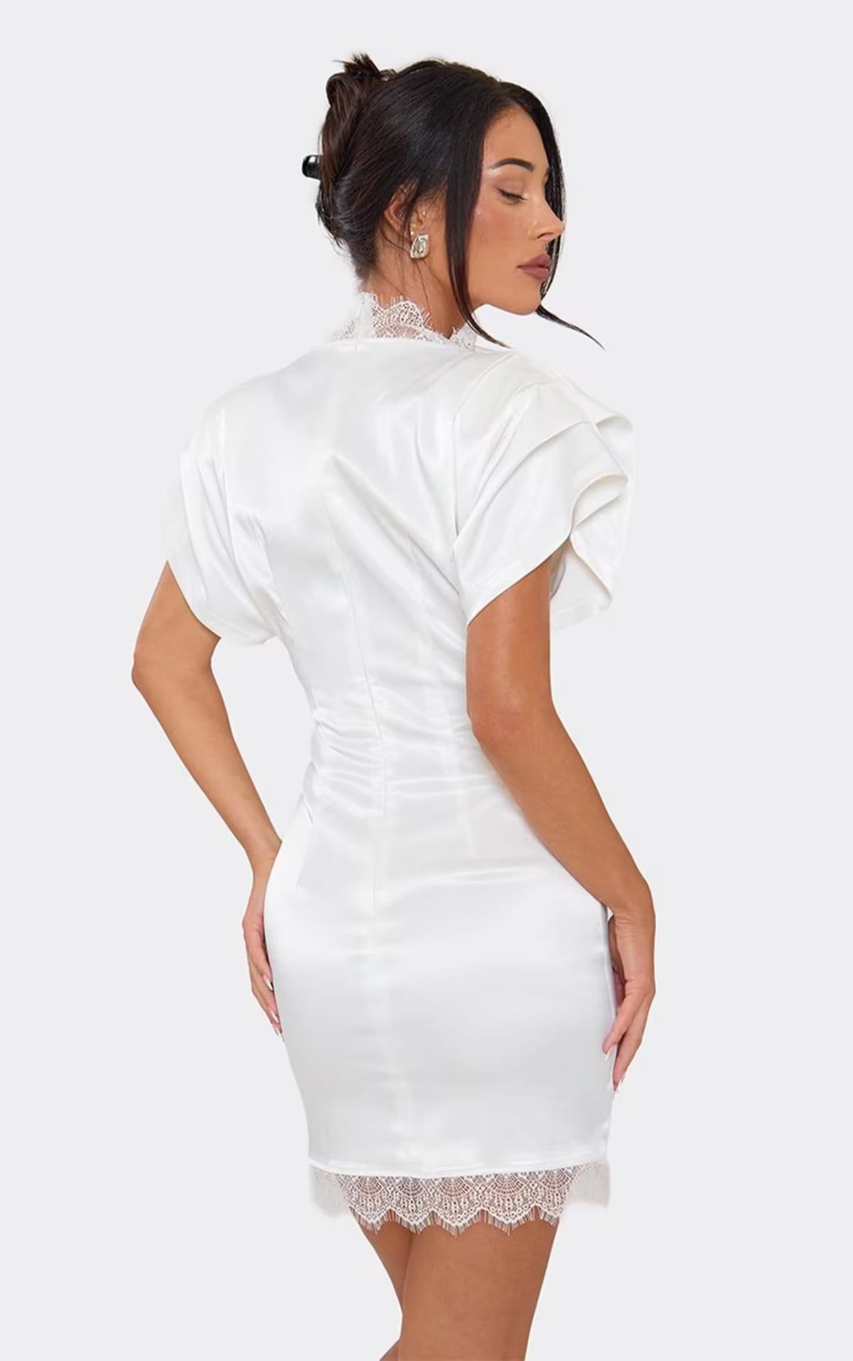 EGO White Satin Ruched Mini Dress With Lace Trim