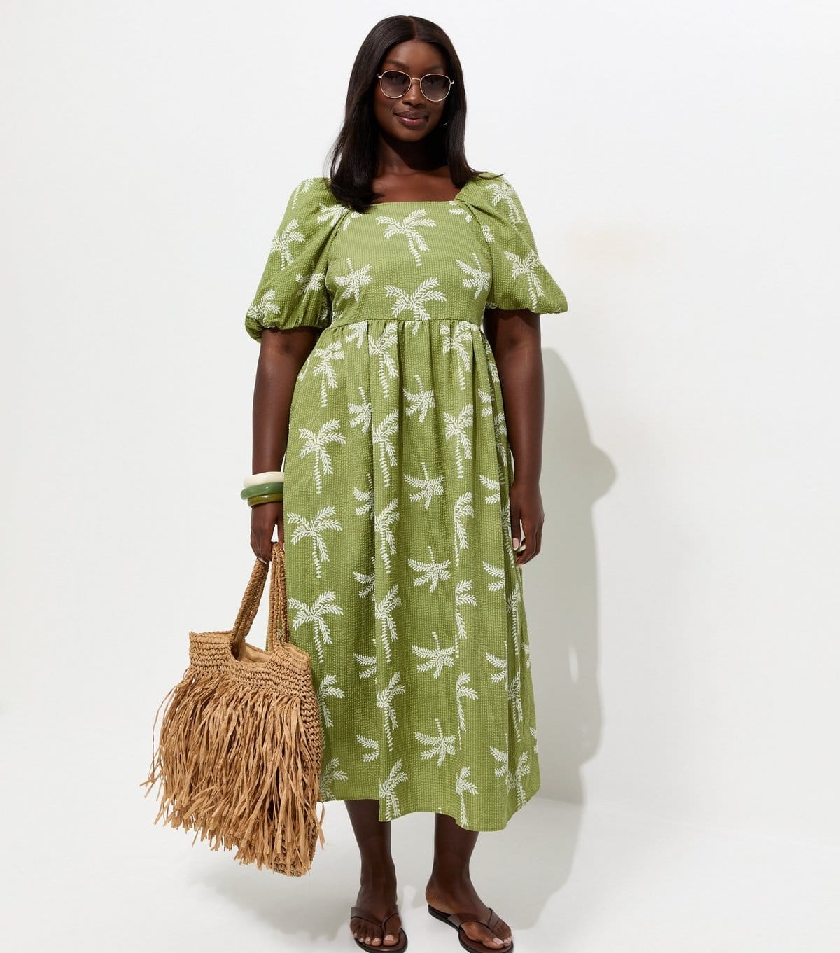 New Look Green Palm Embroidered Seersucker Midi Dress Plus Size