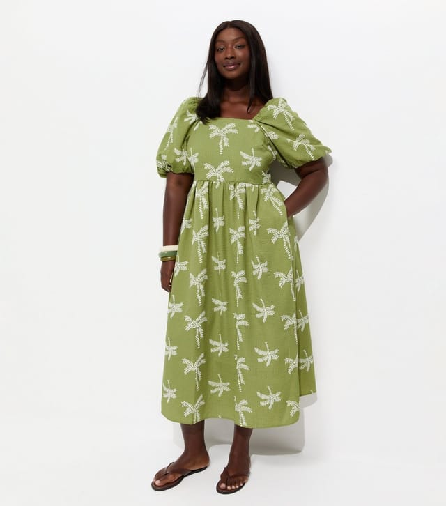 New Look Women's Plus Size Green Palm Embroidered Seersucker Midi Dress Curves New Look - 3