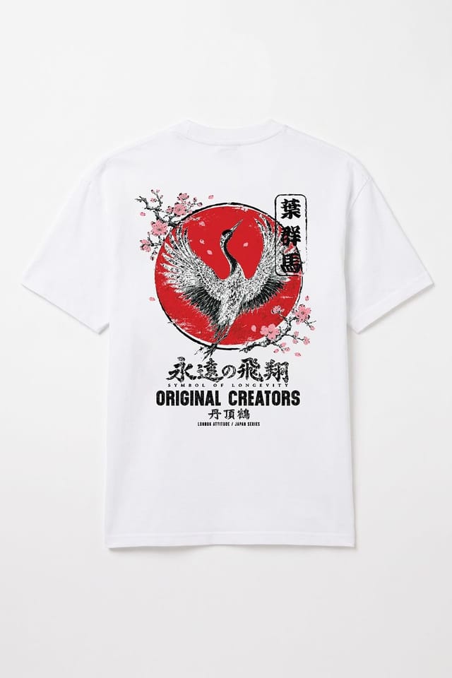LONDON ATTITUDE LONDON ATTITUDE Men's Japanese Crane Oversized Heavyweight Graphic T-Shirt in White - 2
