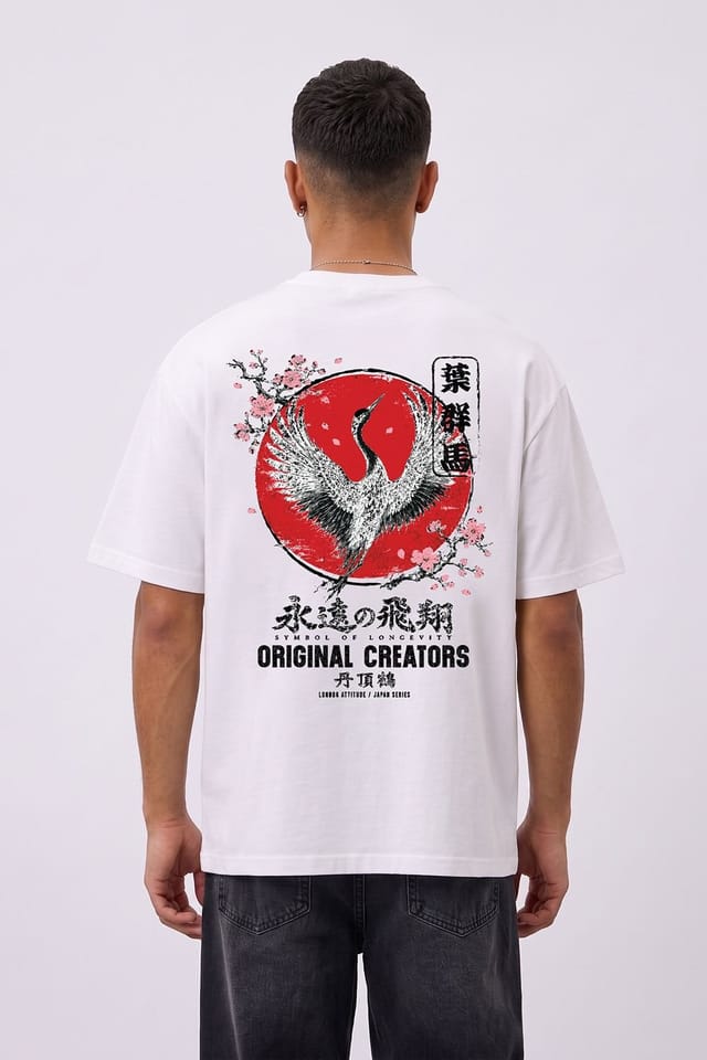 LONDON ATTITUDE LONDON ATTITUDE Men's Japanese Crane Oversized Heavyweight Graphic T-Shirt in White - 3