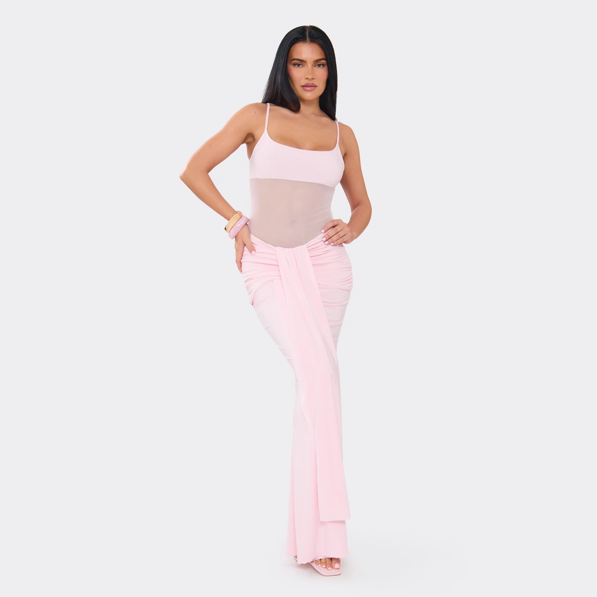 EGO Strappy Sheer Panel Draped Front Ruched Maxi Dress In Pink, Women's Size UK 6