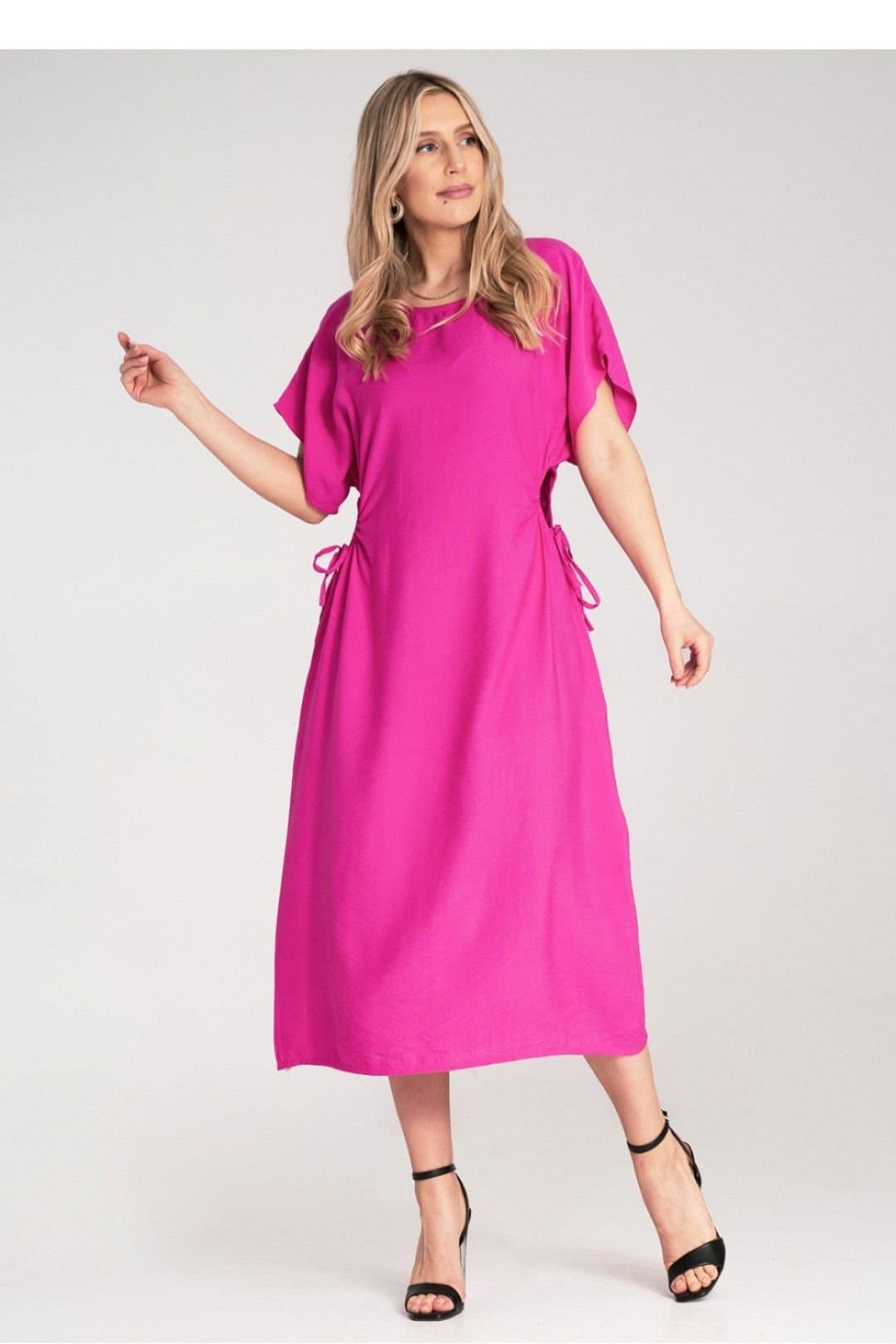 Love Lace Love Lace Women's Midi Dress with Round Neck Side Cords in Fuchsia