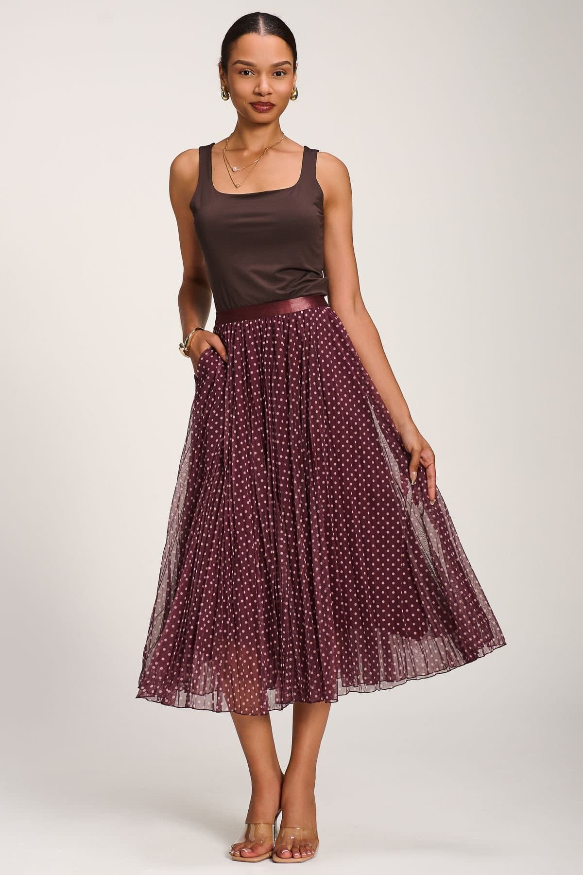 Jolie Moi Jolie Moi Burgundy Print Crinkle Mesh Midi Skirt