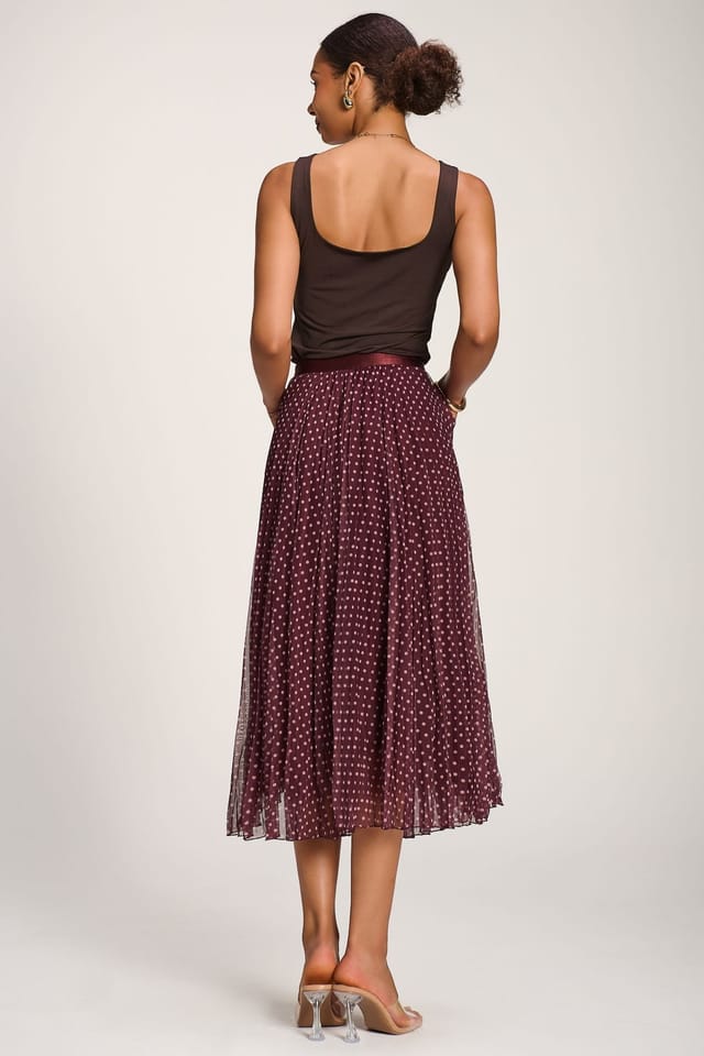 Jolie Moi Jolie Moi Women's Print Crinkle Mesh Midi Skirt in Burgundy - 2