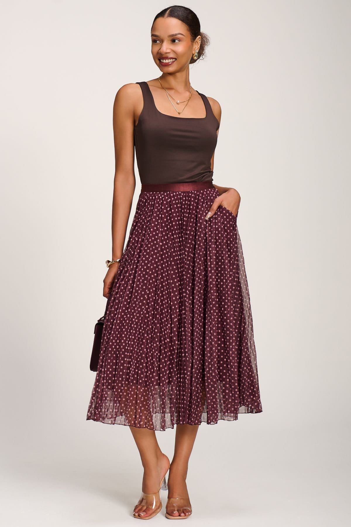 Jolie Moi Jolie Moi Women's Print Crinkle Mesh Midi Skirt in Burgundy - 4