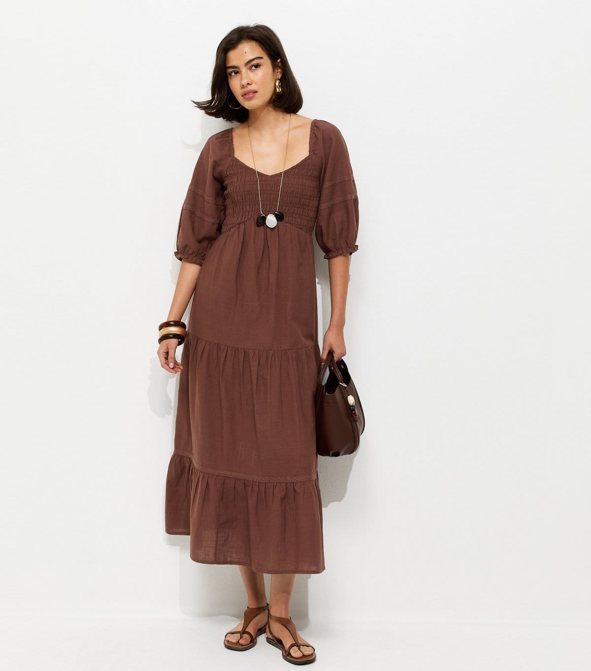 Women's Dark Brown Shirred Milkmaid Midi Dress New Look
