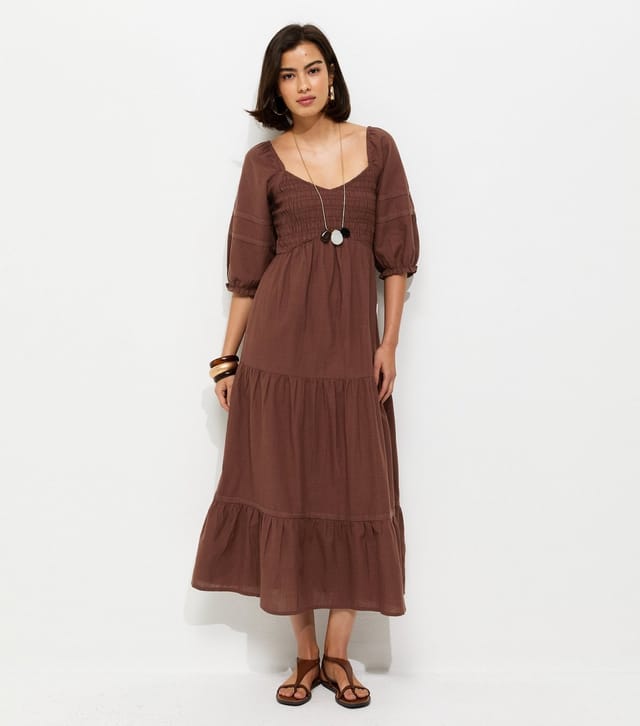 New Look Women's Dark Brown Shirred Milkmaid Midi Dress New Look - 2