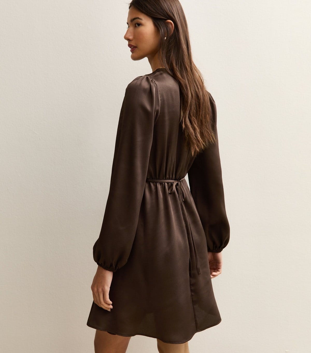 New Look Women's Brown Textured Satin Lace Trim Mini Dress New Look - 4