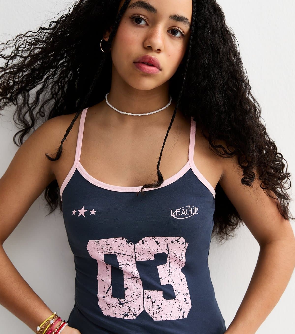 New Look Girls' Navy 03 League Print Contrast Trim Vest Top New Look