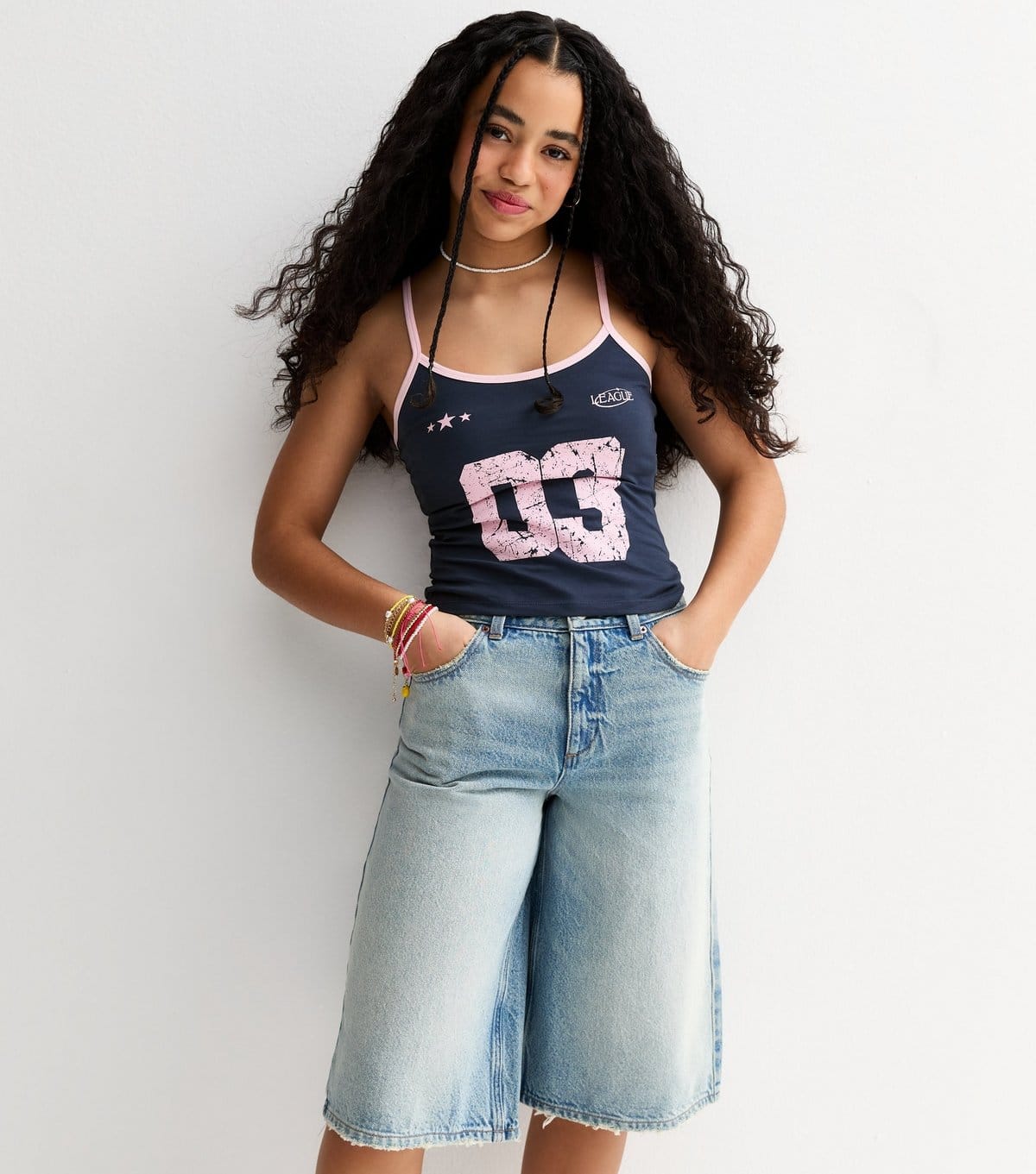 New Look Girls' Navy 03 League Print Contrast Trim Vest Top New Look - 2