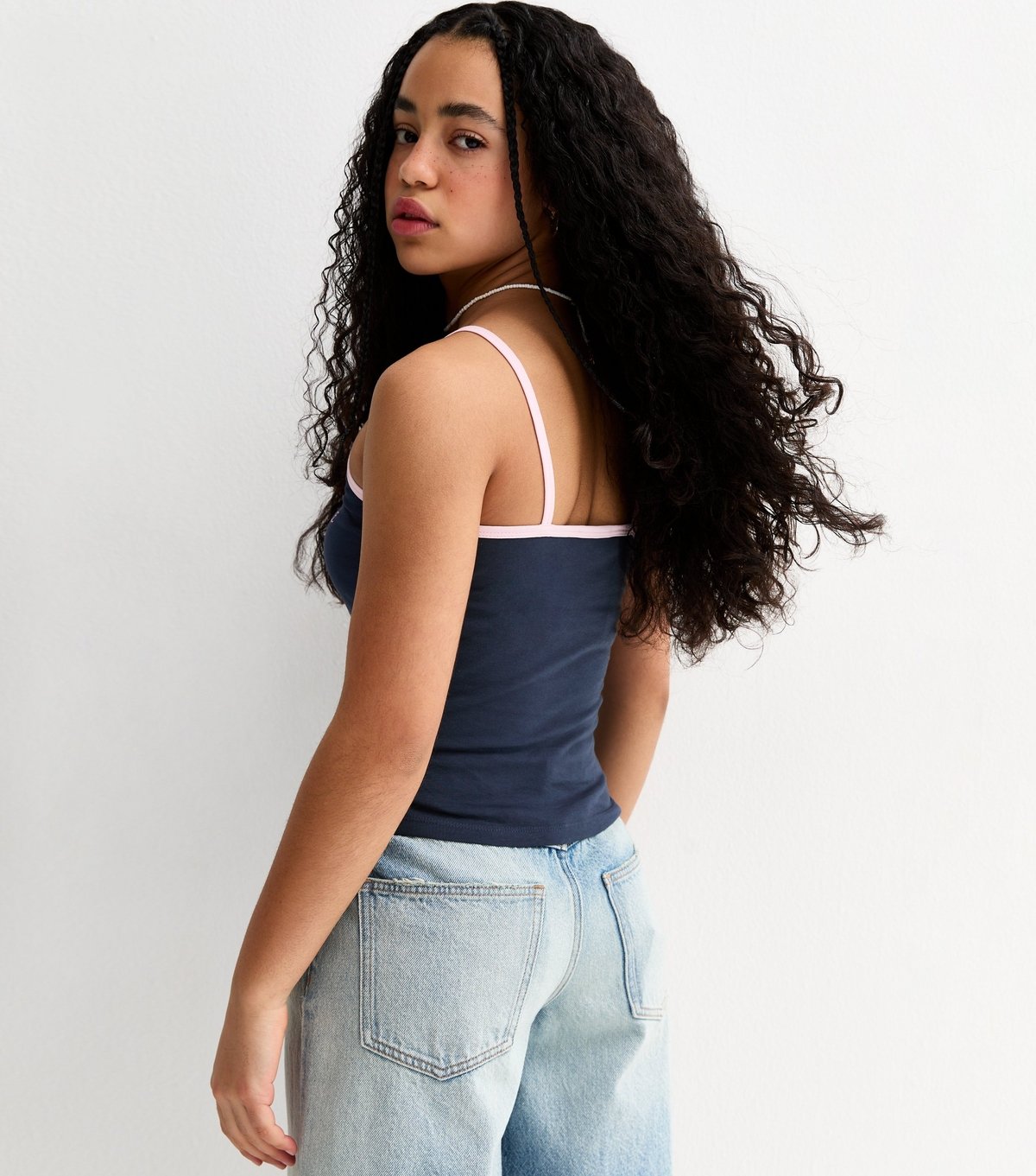 New Look Girls' Navy 03 League Print Contrast Trim Vest Top New Look - 4