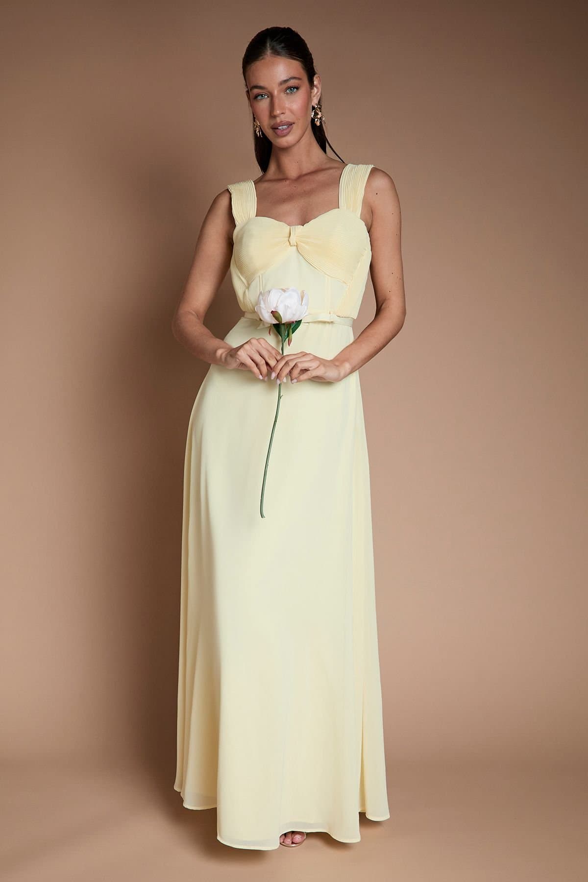 Coast Coast Women's Pleated Chiffon Tie Sleeve Bridesmaid Maxi Dress in Lemon