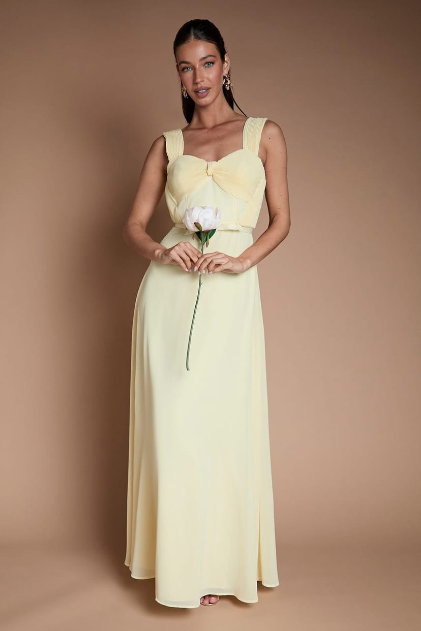Coast Coast Women's Pleated Chiffon Tie Sleeve Bridesmaid Maxi Dress in Lemon - 1