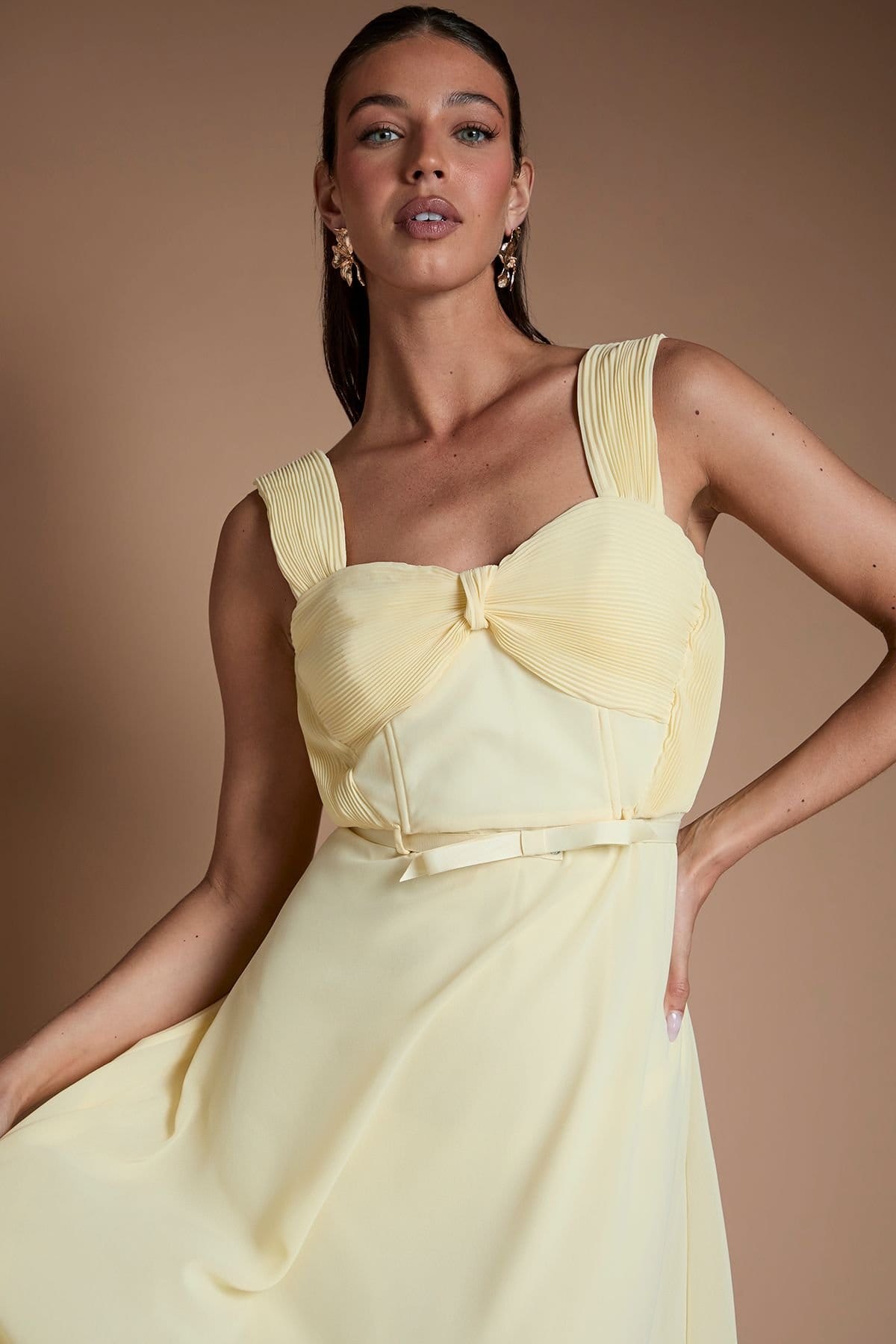 Coast Coast Women's Pleated Chiffon Tie Sleeve Bridesmaid Maxi Dress in Lemon - 4