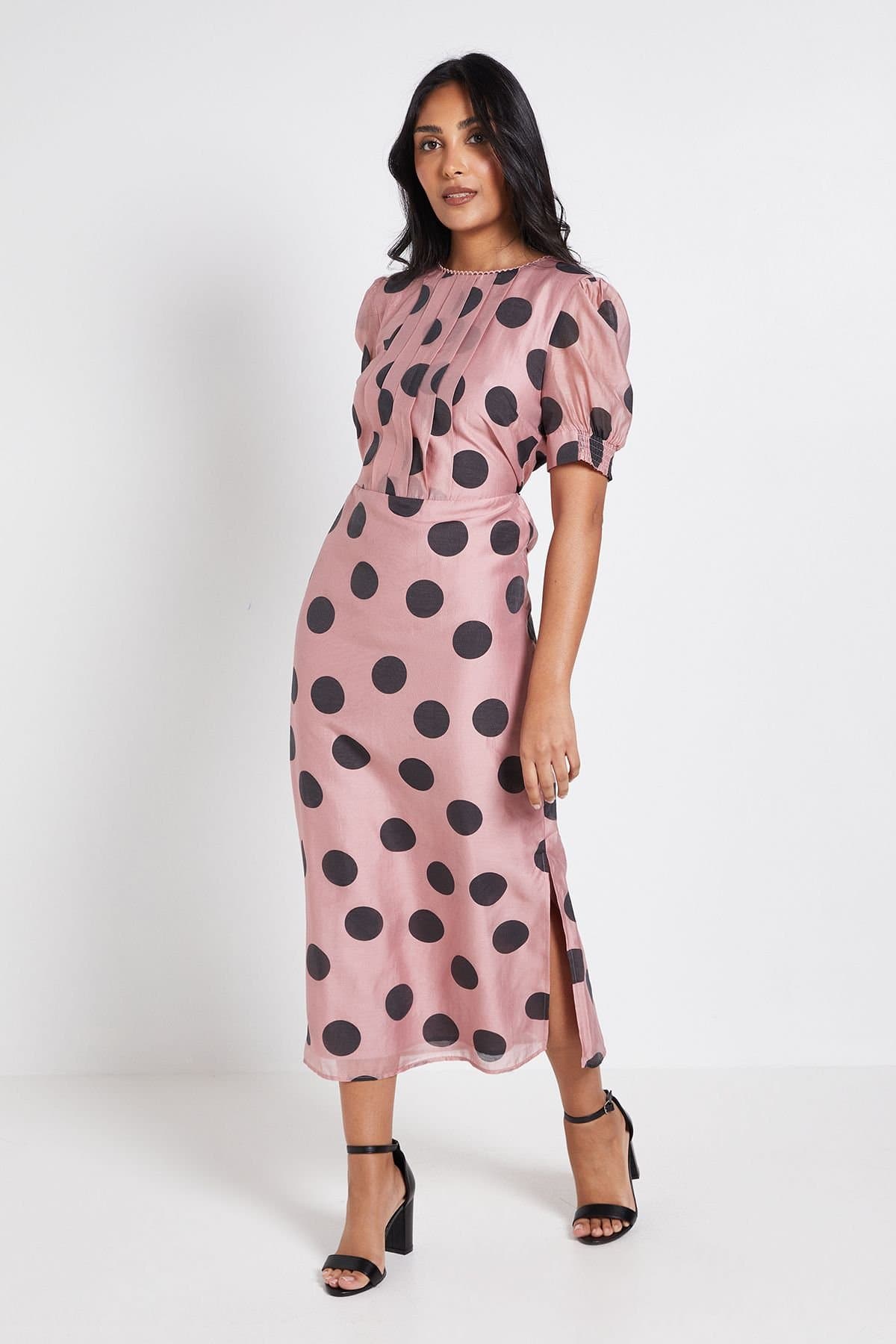 Wallis Wallis Women's Petite Pleat Detail Puff Sleeve Midi Dress in Pink