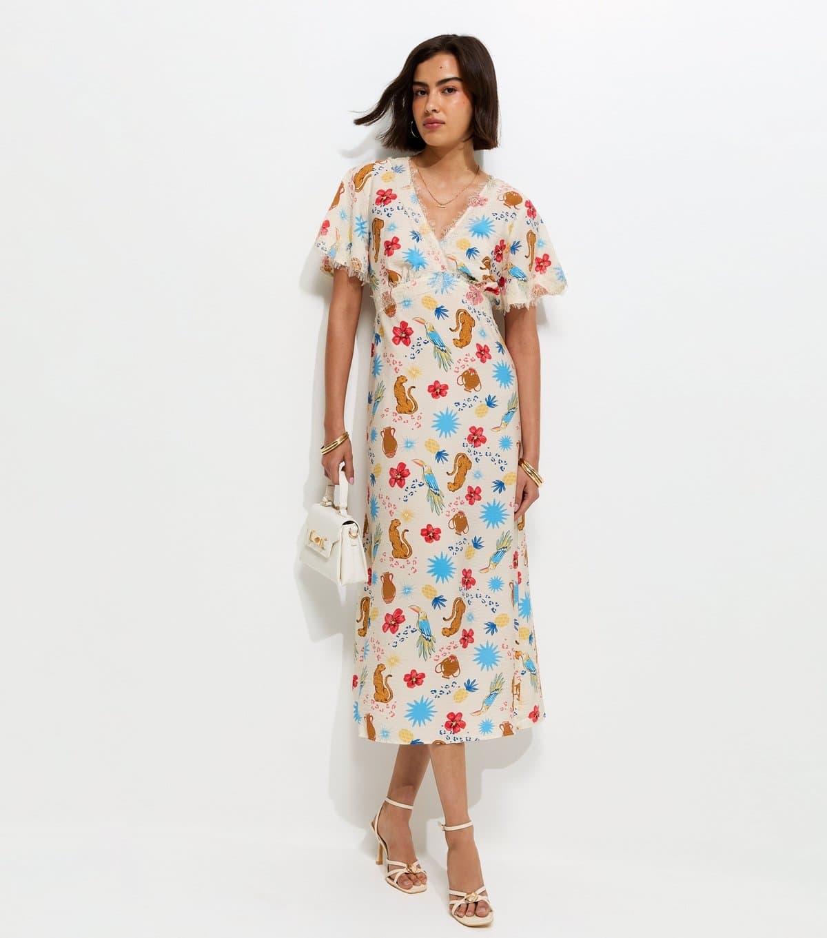 New Look Women's Cream Leopard Pattern Lace Trim Tea Midi Dress New Look