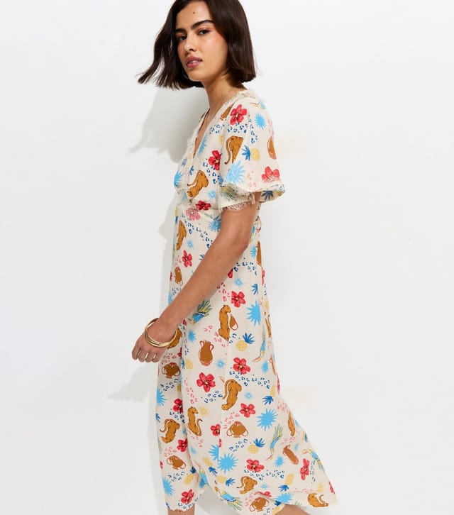 New Look Women's Cream Leopard Pattern Lace Trim Tea Midi Dress New Look - 2