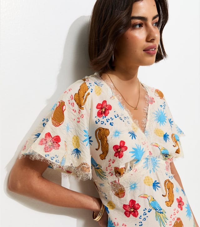 New Look Women's Cream Leopard Pattern Lace Trim Tea Midi Dress New Look - 3