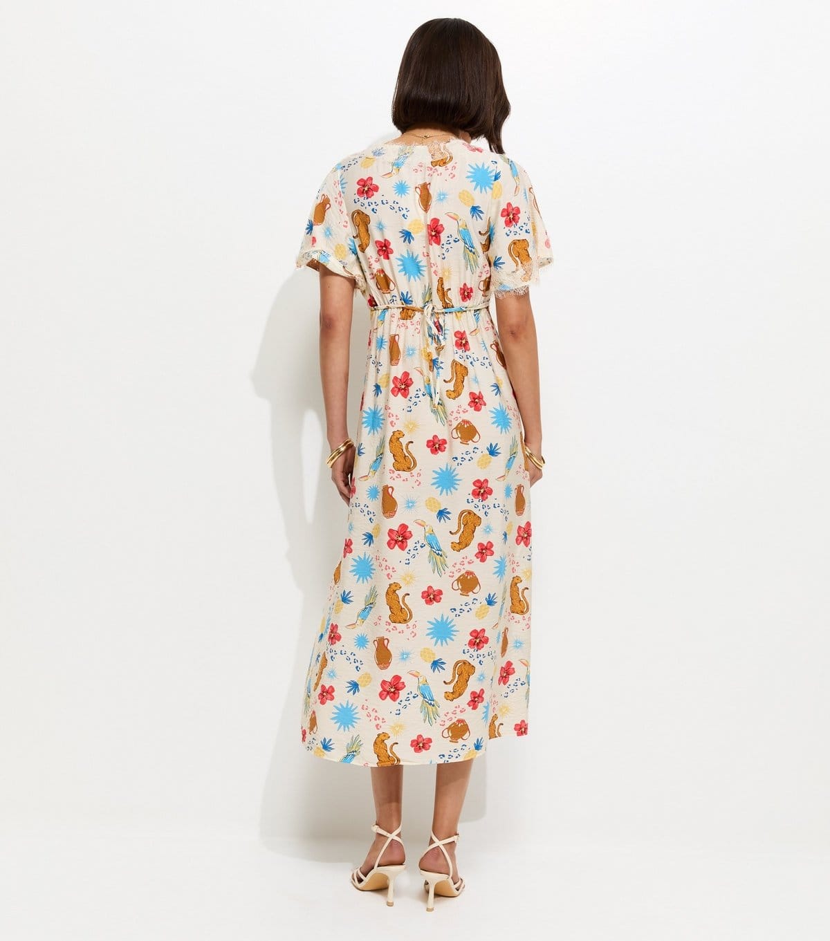 New Look Women's Cream Leopard Pattern Lace Trim Tea Midi Dress New Look - 4