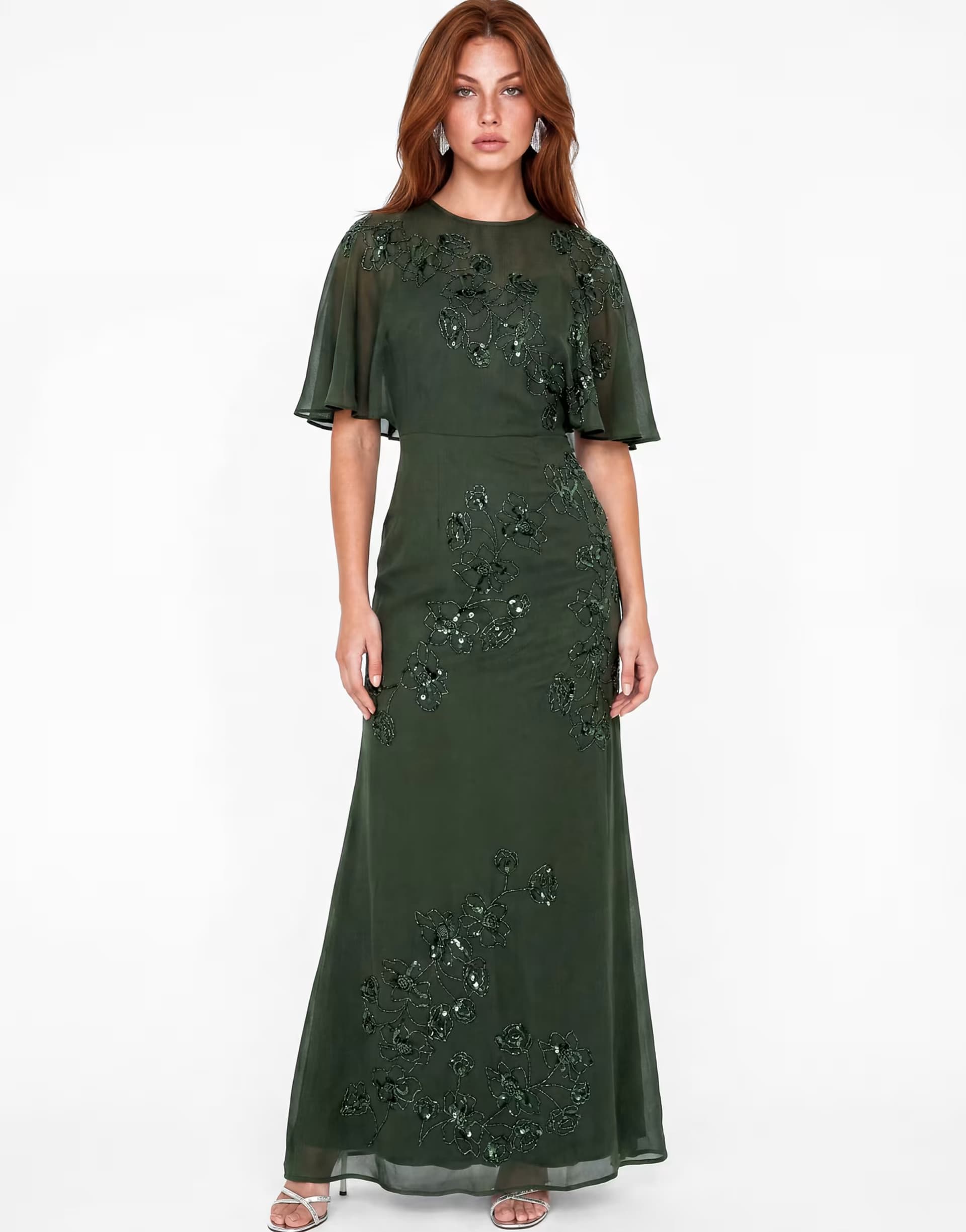 ASOS Maya Floral embellished angel sleeve maxi dress in forest green