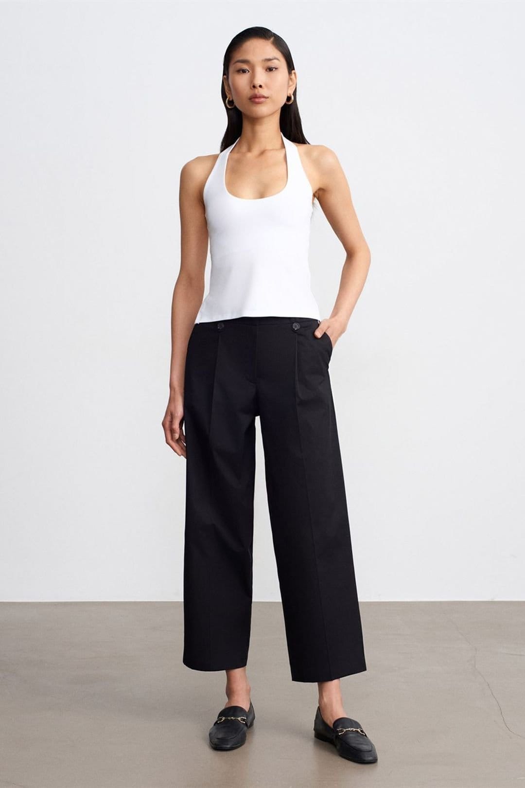 Dilvin Black High-Waist Wide-Leg Cotton Poplin Trousers