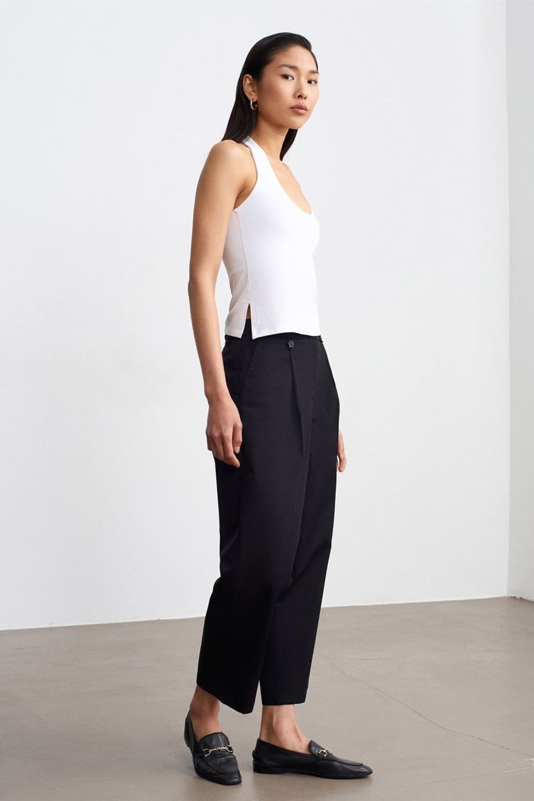 Dilvin Dilvin Women's High-Waist Wide-Leg Cotton Poplin Trousers in Black - 4