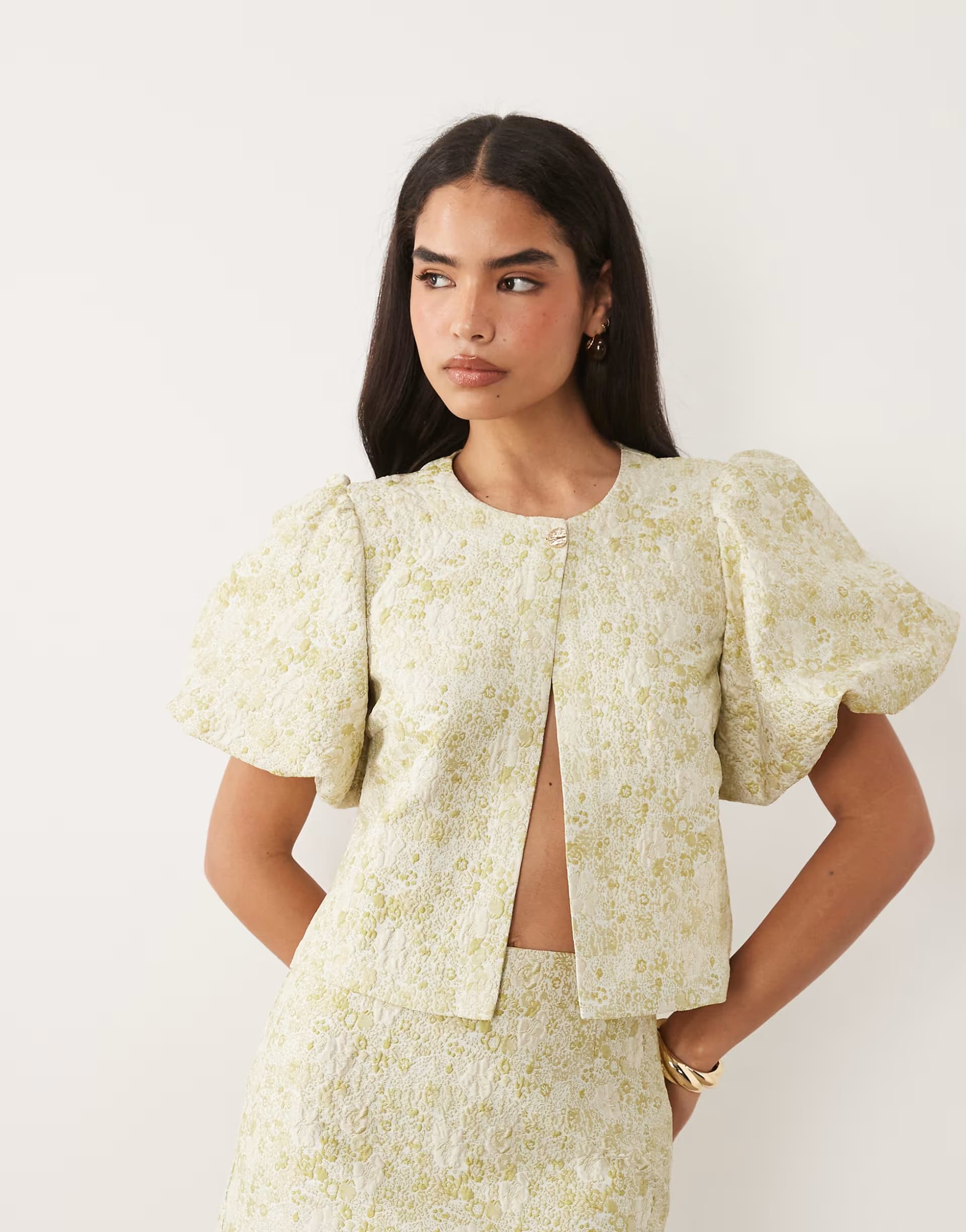 ASOS Vila short sleeve tapestry floral jacquard top co-ord in smoke green