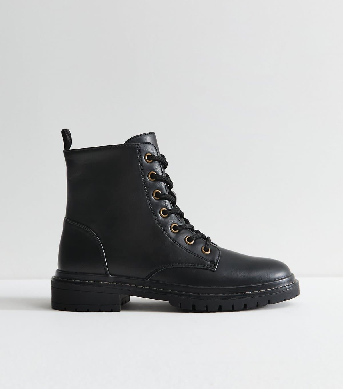 New Look Women's Black Faux Leather Stitch Trim Lace Up Ankle Boots Vegan New Look