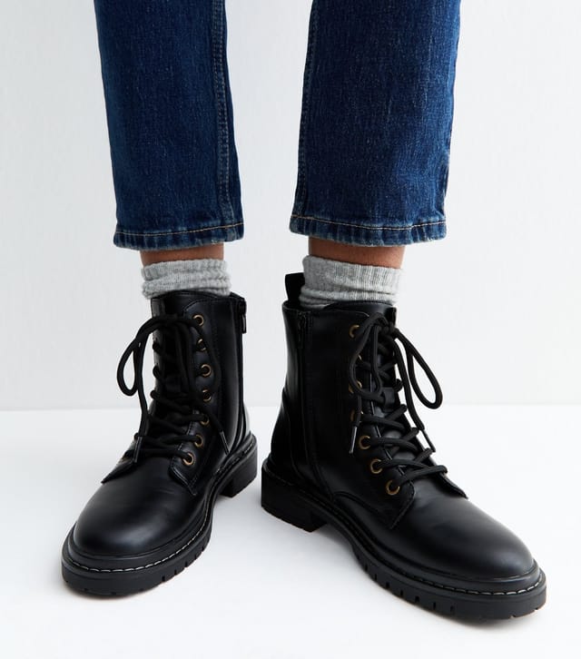 New Look Women's Black Faux Leather Stitch Trim Lace Up Ankle Boots Vegan New Look - 2