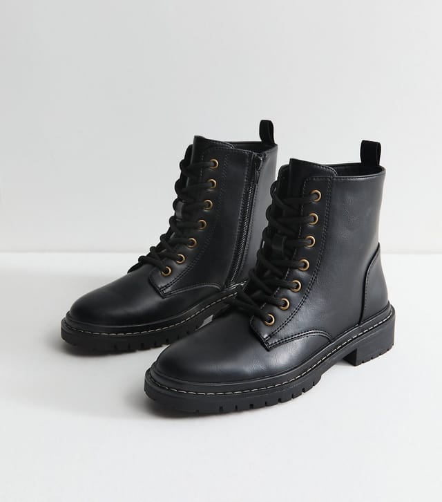 New Look Women's Black Faux Leather Stitch Trim Lace Up Ankle Boots Vegan New Look - 3